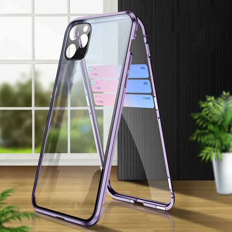Magnetic 360° Full Metal Frame Phone Case – Double-Sided Tempered Glass HD Cover for iPhone 15, 14, 13 Pro Max