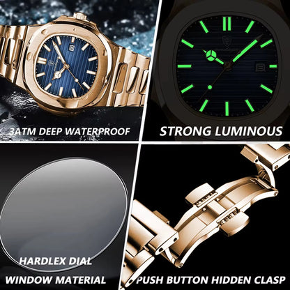 POEDAGAR 613 Men's Luxury Gold Watch – Fashion Square Quartz Business Watch with Stainless Steel, Waterproof, Luminous, and Date Display Thierry