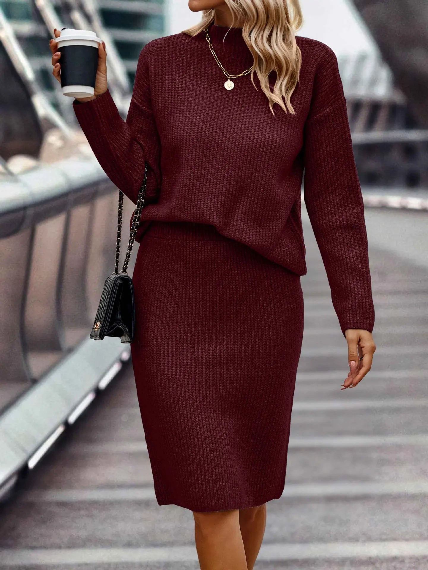Women's Elegant 2-Piece Knitted Skirt Suit - Loose Fit Split Design with Casual Print for Autumn, Spring, and Winter Fidelia
