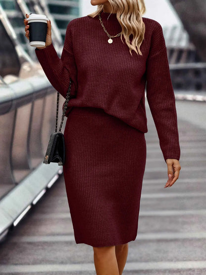 Women's Elegant 2-Piece Knitted Skirt Suit - Loose Fit Split Design with Casual Print for Autumn, Spring, and Winter Fidelia