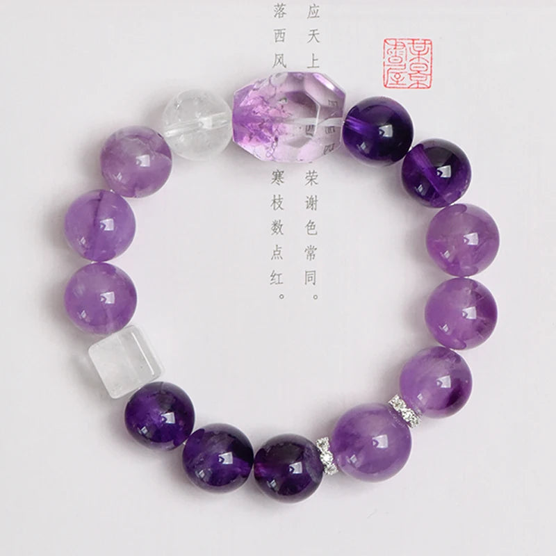 Natural Clear Quartz & Amethyst Crystal Beaded Bracelet (12mm) – Elegant Spiritual Jewelry for Mental Clarity & Intuition Enhancement