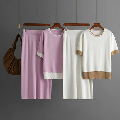 Women's Casual Two-Piece Set – Color-Block Round-Neck Short-Sleeve Knitted Top & Matching Bottom Beth