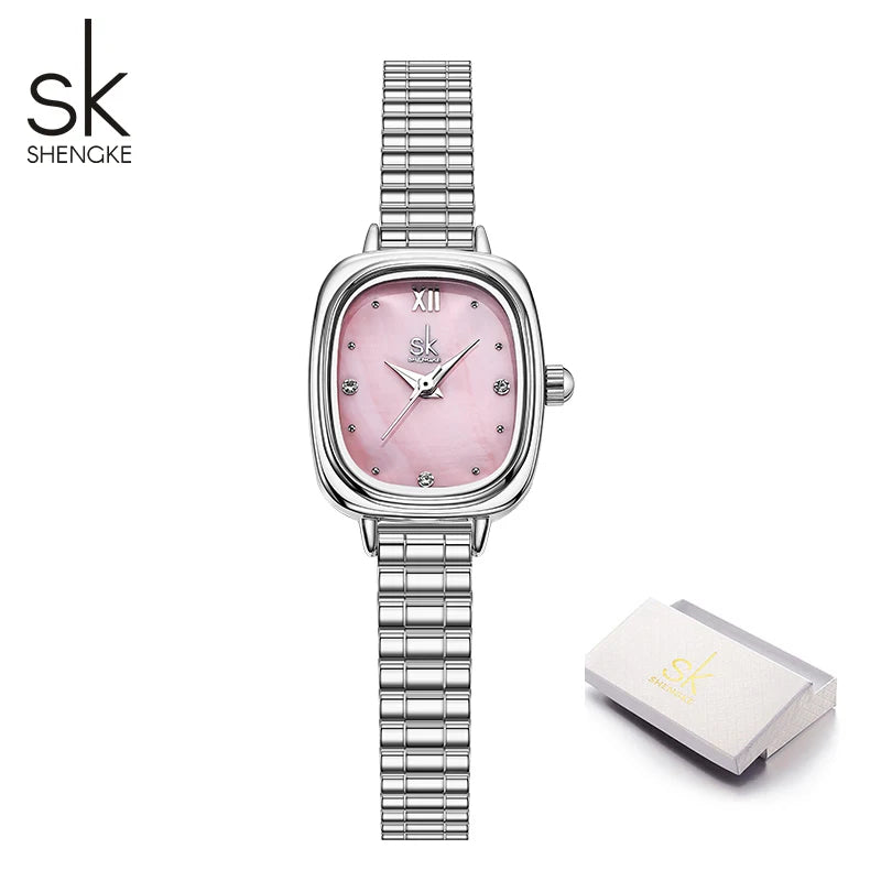 Shengke Women's Luxury Pink Pearl Dial Watch – Elegant Square Case Quartz Wristwatch, Minimalist Ladies Gift for Women