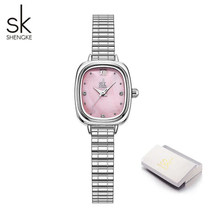 Shengke Women's Luxury Pink Pearl Dial Watch – Elegant Square Case Quartz Wristwatch, Minimalist Ladies Gift for Women