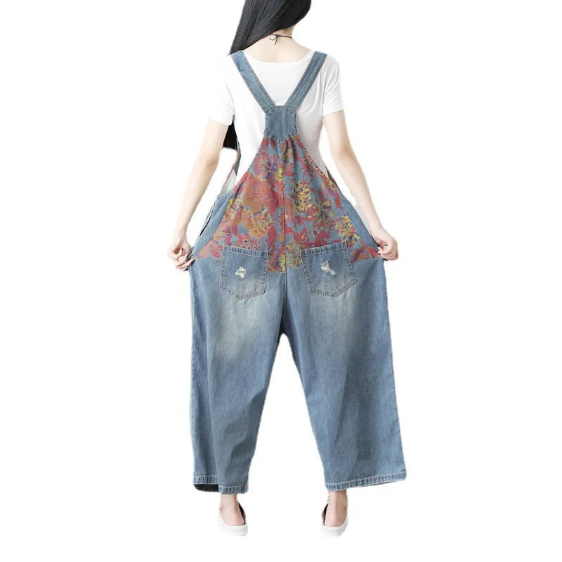 Women's Plus Size Wide-Leg Denim Jumpsuit – Printed Backband, Washed Finish, and Literary Style Ginny
