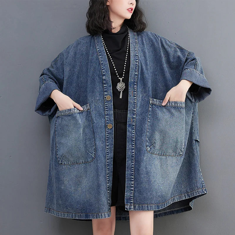 Vintage V-Neck Denim Trench Coat – Casual Medium-Length Jacket with Pockets Harper
