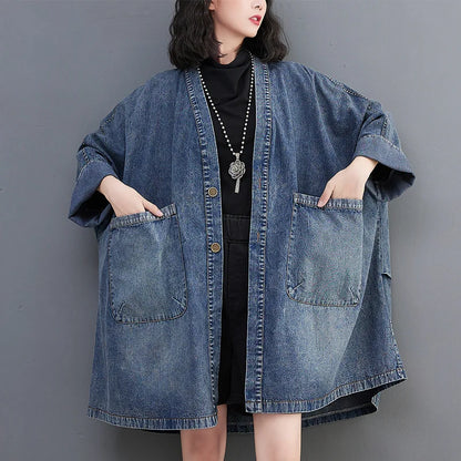 Vintage V-Neck Denim Trench Coat – Casual Medium-Length Jacket with Pockets Harper