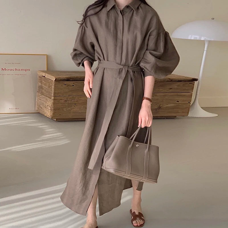 Women Casual Loose Lantern Sleeve Mid-length Shirt Dress