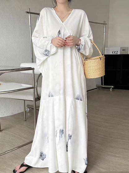 Summer Retro V-Neck Women's Dress – Ink Print, Vacation Style, Loose Fit, Batwing Sleeves