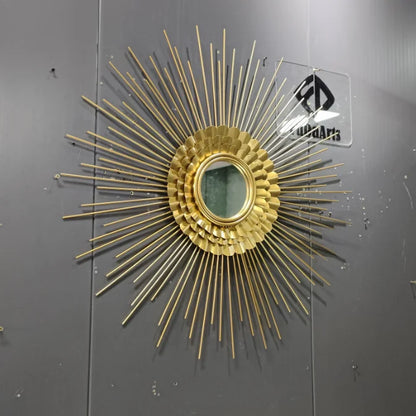 Sunburst Round Gold Frame Wall Mirror – Metal Art for Living Room Background and Home Decor