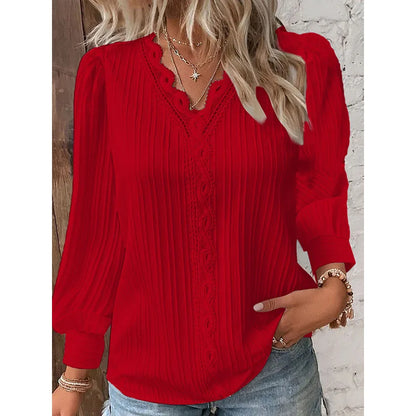 Women's White Lace V-Neck Blouse - Long Sleeve Casual Shirt Jenna