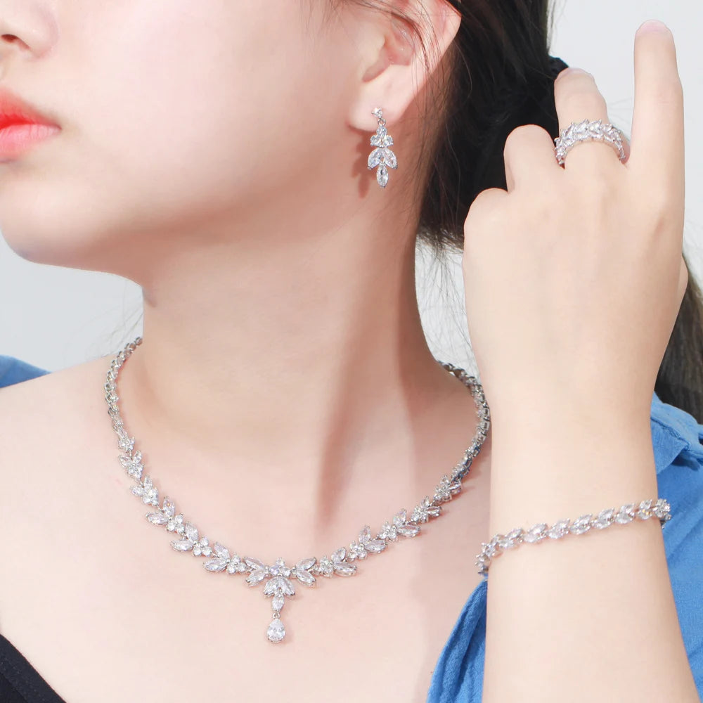 4pcs Delicate Leaf-Shaped Cubic Zirconia Jewelry Set – Drop Earrings, Necklace, Bracelet & Ring | Luxury Dubai Bridal Wedding Jewelry for Women Adela