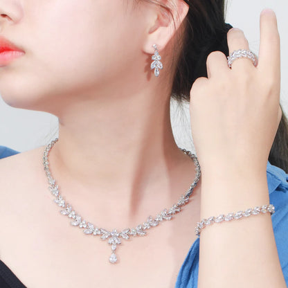 4pcs Delicate Leaf-Shaped Cubic Zirconia Jewelry Set – Drop Earrings, Necklace, Bracelet & Ring | Luxury Dubai Bridal Wedding Jewelry for Women Adela