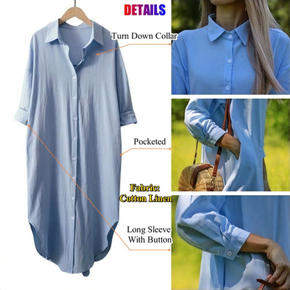 Women Loose Cotton Linen Shirt Dress Single Breasted Long Sleeve Top Spring Summer Lady Casual Dress