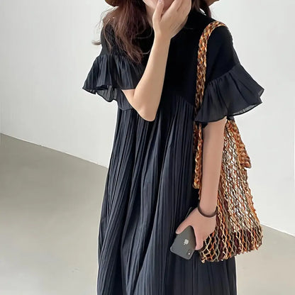Women's Loose Pleated Patchwork Dress – Flying Sleeve Long Skirt, Casual and Stylish