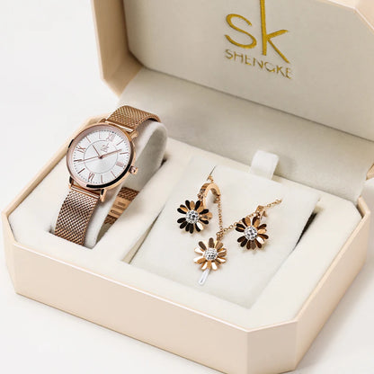 Shengke Women’s Luxury Watch & Jewelry Set – 30mm Quartz Watch with Necklace
