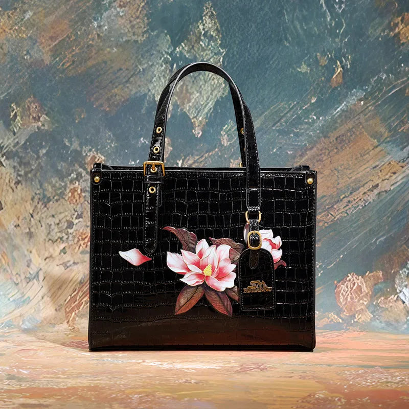Women's Square Tote Handbag with Fashionable Floral Print, Adjustable Handle, and Zipper Closure Caterina