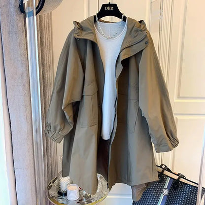 Casual Spring Cotton Hooded Windbreaker with Pockets – Solid Color Long Sleeve Women's Trench Coat Egwene