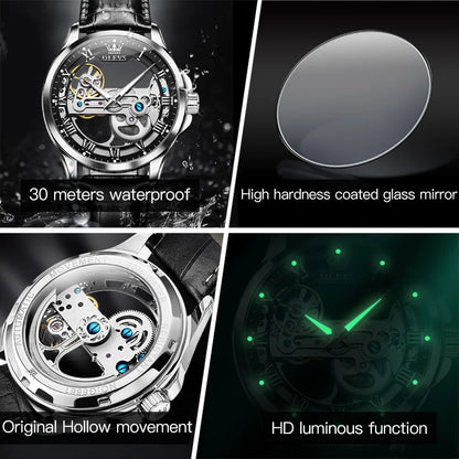 OLEVS 6661 Men's Mechanical Watch – New Design, Skeleton Dial, Real Leather Band, Waterproof, Transparent Mirror Wristwatch