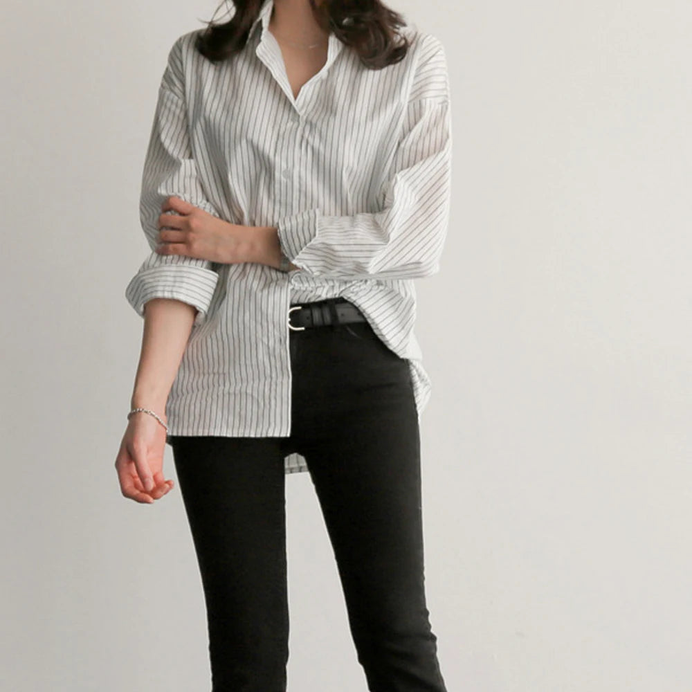 Women’s Spring and Autumn Cotton Striped Blouse – Loose Casual Long Sleeve V-Neck Button-Up Shirt with Lapel Design Ciara