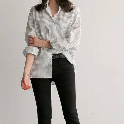 Women’s Spring and Autumn Cotton Striped Blouse – Loose Casual Long Sleeve V-Neck Button-Up Shirt with Lapel Design Ciara
