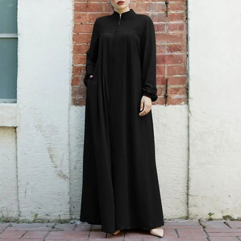 Women's Muslim Arab Style Long Dress – Elegant Abaya with Stand Collar, Zipper, Pockets, and Casual Coat Design Ameerah