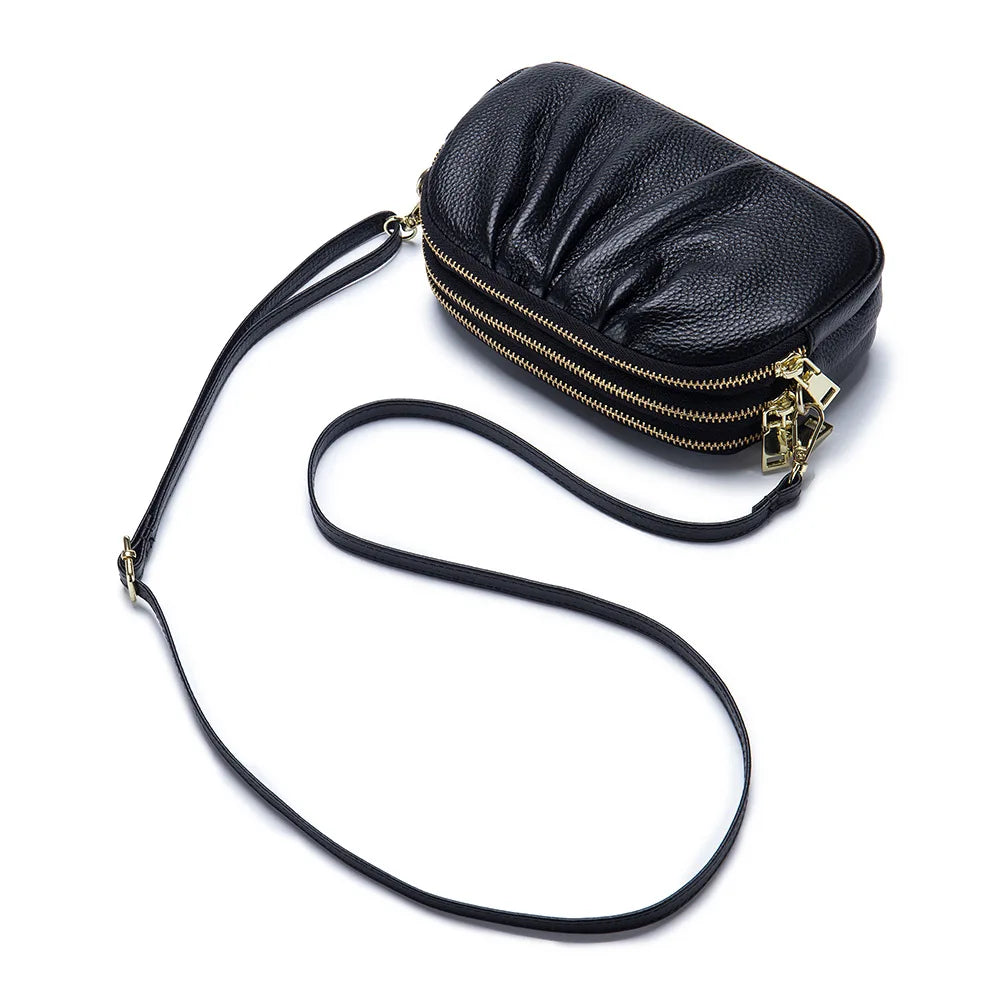 Women Genuine Cow Leather Shoulder Bag Simple Cowhide Large Phone Pocket Sling Bag Nelly