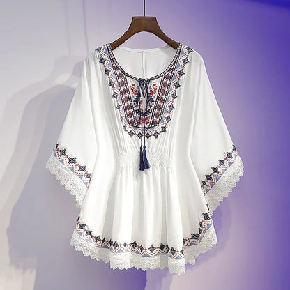 Women's Summer Blouse | Retro Lace Panel Print Design, Chic Medium-Length Loose Fit Top Camille