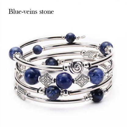 Fashion Charm Natural Stone Beaded Bracelet – Turquoise Crystal Multilayer Spiral Memory Wrap Bangle for Women Helena