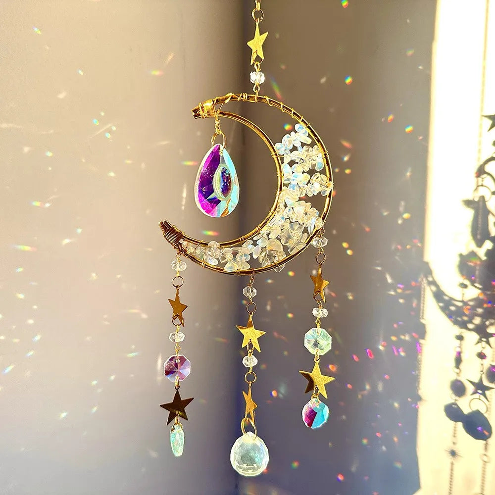 Natural Crystal Handmade Hanging Sun Catcher – Moon-Shaped Crystal Sun Catchers, Hanging Prisms & Rainbow Makers