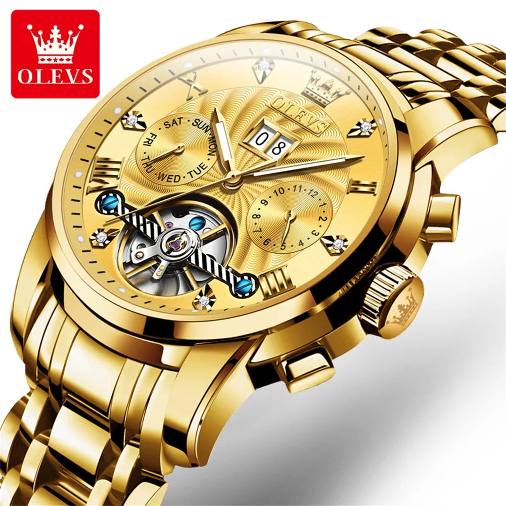 OLEVS 9910 Men's Luxury Tourbillon Watch - Automatic Mechanical, Stainless Steel Strap, Waterproof, Luminous Dial, Auto Date Display, Business Style