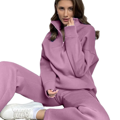 Autumn Women's Fashion Set - Stand Collar Loose Sweatshirt & Casual Pants