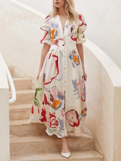 Women Summer Casual Chiffon Floral Print V Neck A-line Maxi Long Beach Women Elegant Dress