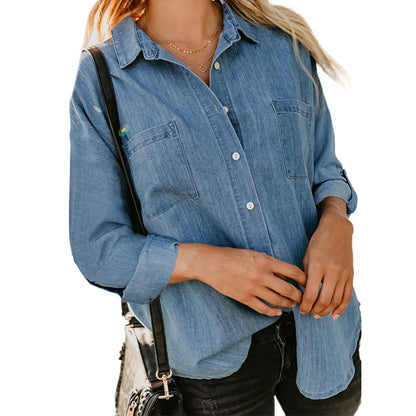 Women Denim Shirt Loose Double Pocket Long Pure Color Sleeve Versatile Shirt