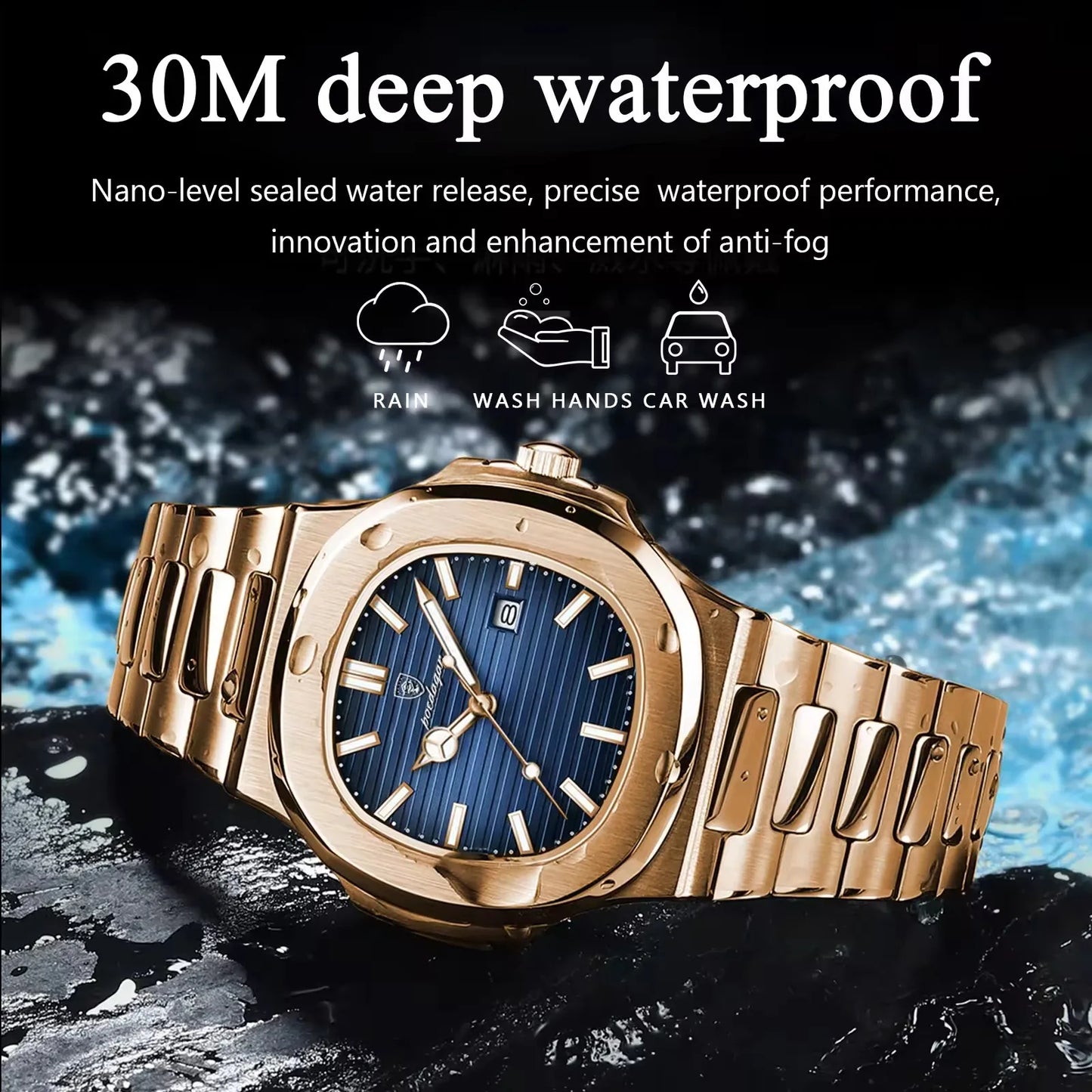 POEDAGAR 613 Men's Luxury Gold Watch – Fashion Square Quartz Business Watch with Stainless Steel, Waterproof, Luminous, and Date Display Thierry