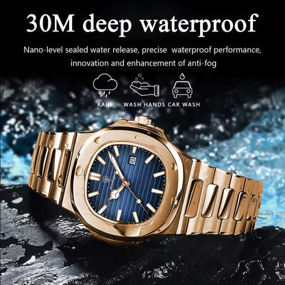 POEDAGAR 613 Men's Luxury Gold Watch – Fashion Square Quartz Business Watch with Stainless Steel, Waterproof, Luminous, and Date Display Thierry