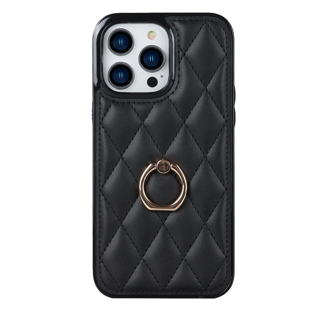 Luxury Leather Phone Case with Rotating Metal Ring | Shockproof Cover for iPhone 14, 13, 12, 11 Pro Max