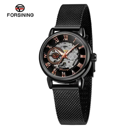 Forsining Women’s Skeleton Watch | Stainless Steel Transparent Mechanical Wristwatch – Waterproof Luxury Watch for Women