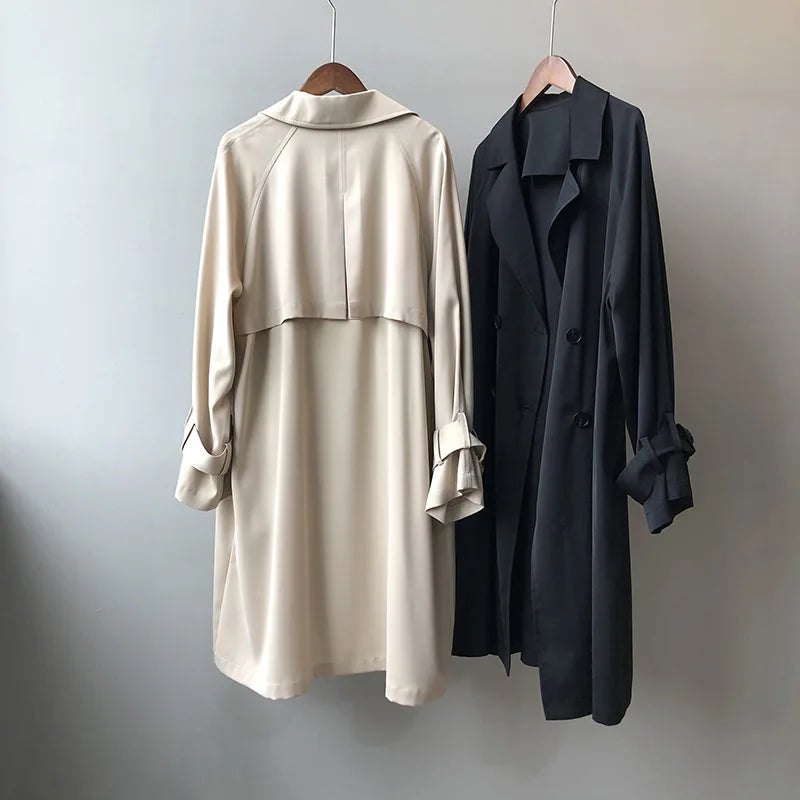Women's Long Thin Trench Coat - Korean Style, Loose Fit, Solid Color, Over-the-Knee Design Adelein