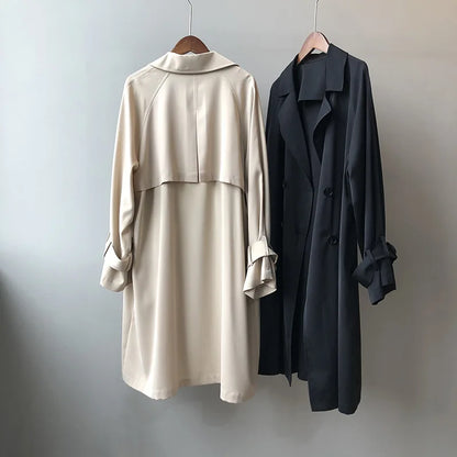 Women's Long Thin Trench Coat - Korean Style, Loose Fit, Solid Color, Over-the-Knee Design Adelein