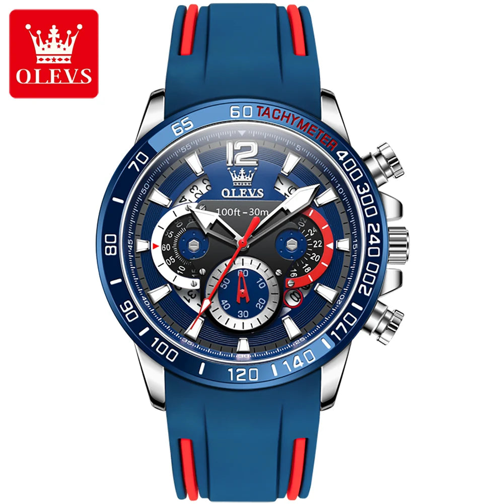 OLEVS 9936 Men's Sports Watch - Silicone Blue Strap, Waterproof Quartz, Luminous, Calendar Display