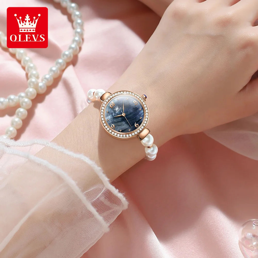 OLEVS 9968 Women's Luxury Leather Wristwatch – Quartz Bracelet Watch with Diamond Accents and Pearl Winding Mélusine