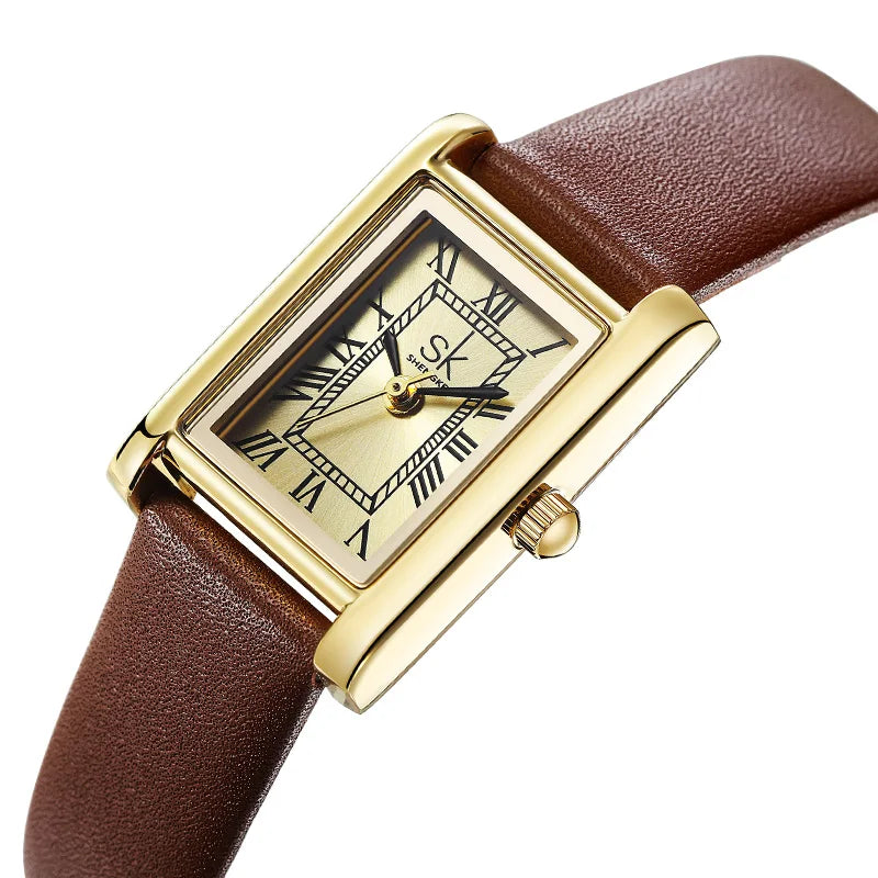 SHENGKE Roman Dial Quartz Watch for Women – Retro Leather Band Style Anaya