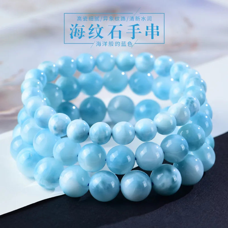 Natural Icy Sea-Pattern Stone Bracelet – Round Beads, Dominica Larimar, Ocean Crystal, and Septaria for Men and Women