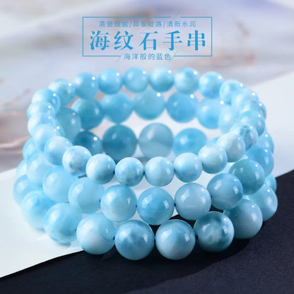 Natural Icy Sea-Pattern Stone Bracelet – Round Beads, Dominica Larimar, Ocean Crystal, and Septaria for Men and Women