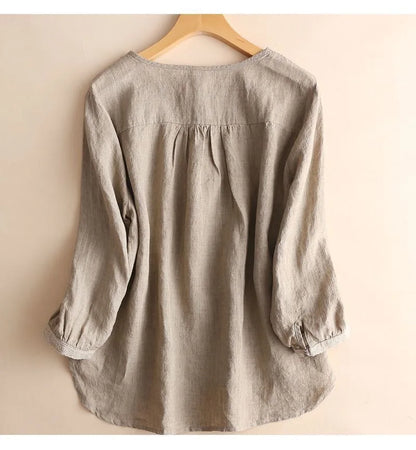 Women Cotton Linen Shirt New Pullover Art Style Round Neck Shirt Loose 3/4 Sleeves