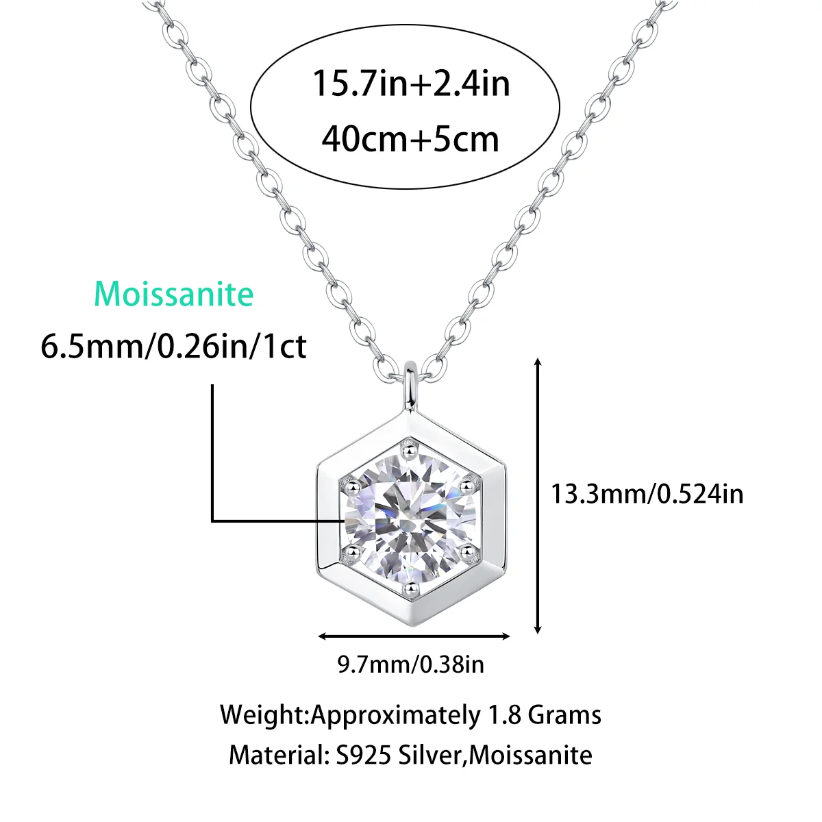 1 Carat Hexagon Moissanite Pendant Necklace – 925 Sterling Silver, Gold Plated Luxury Fashion Jewelry Dahlia