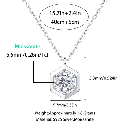 1 Carat Hexagon Moissanite Pendant Necklace – 925 Sterling Silver, Gold Plated Luxury Fashion Jewelry Dahlia