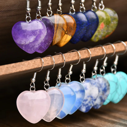 Natural Stone Dangle Earrings – Turquoise, Amethyst, Tiger Eye Heart Design, Handmade Jewelry for Women