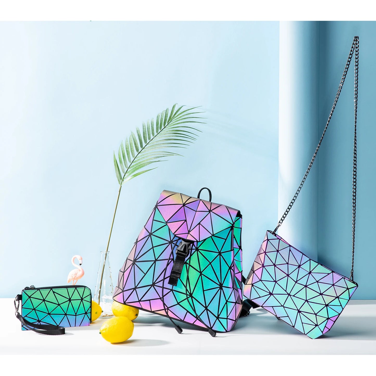 Women Reflective Back Pack Set Crossbody Bags for Ladies Girl Geometric Luminous School Backpack Sasha